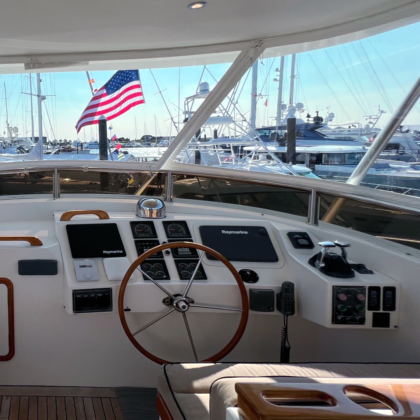 Looking out from the enclosed flybridge of a motor yacht