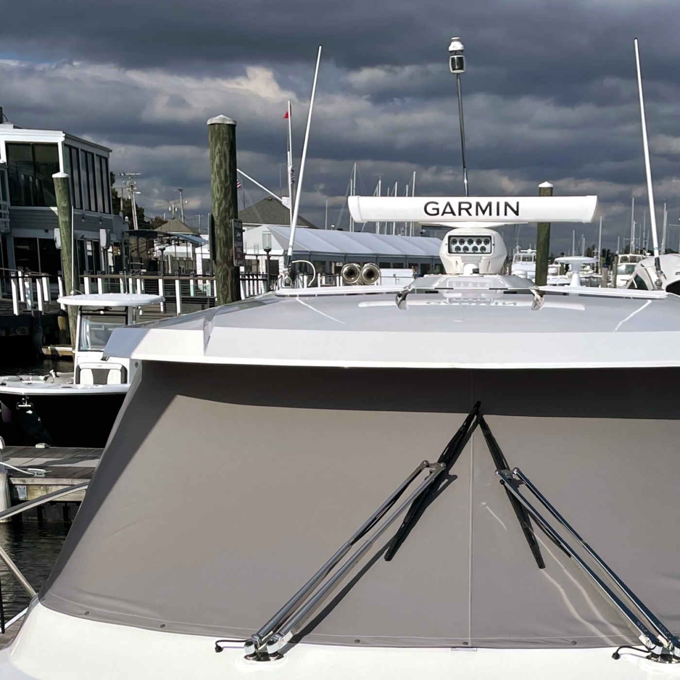 A boat with windshield cover